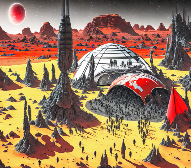 Futuristic Mars-like desert landscape with geodesic dome and red sun