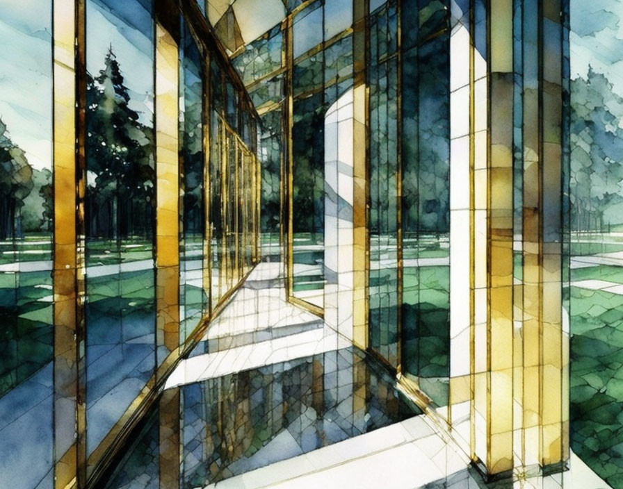 Reflective glass building with geometric lines in watercolor style