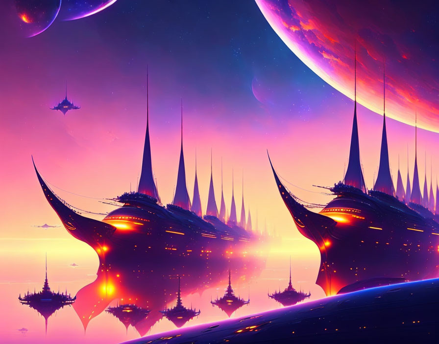 Futuristic sci-fi landscape with towering structures and celestial bodies