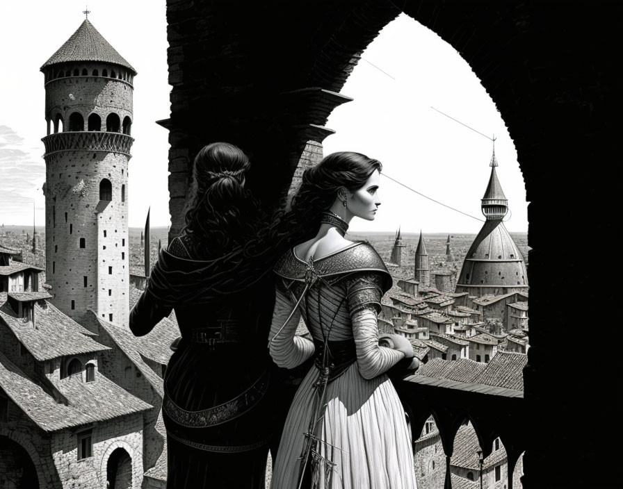 Two women in period attire overlooking a medieval town with gothic architecture.