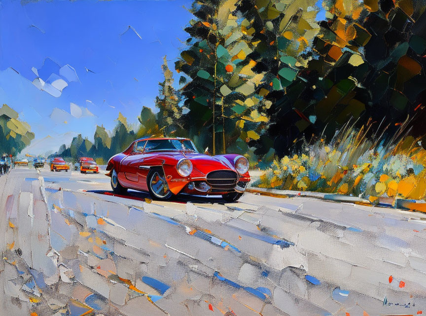 Colorful painting of red car on sunlit road with trees and blue sky