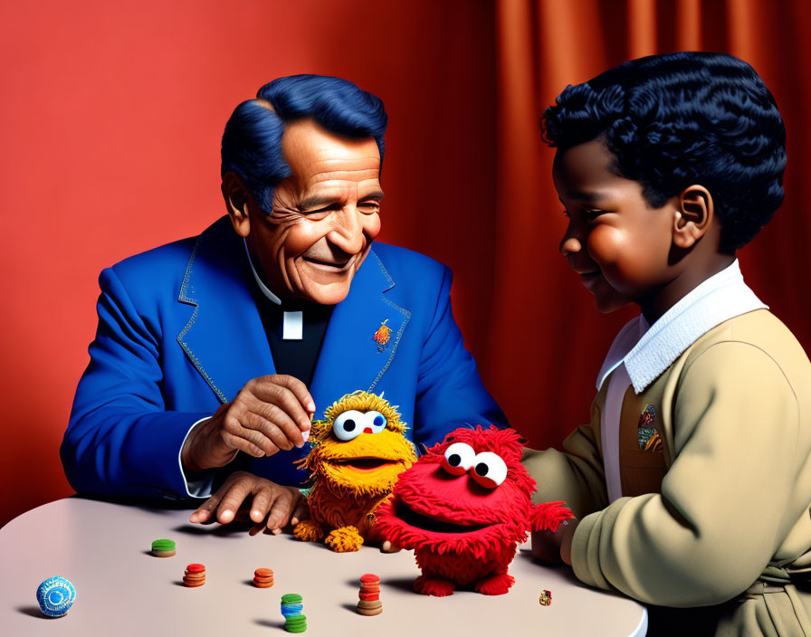 Man in blue suit plays checkers with boy and Sesame Street puppets on red background