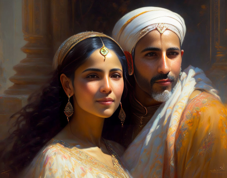 Traditional South Asian Attire: Woman and Man in Turban & Jewelry