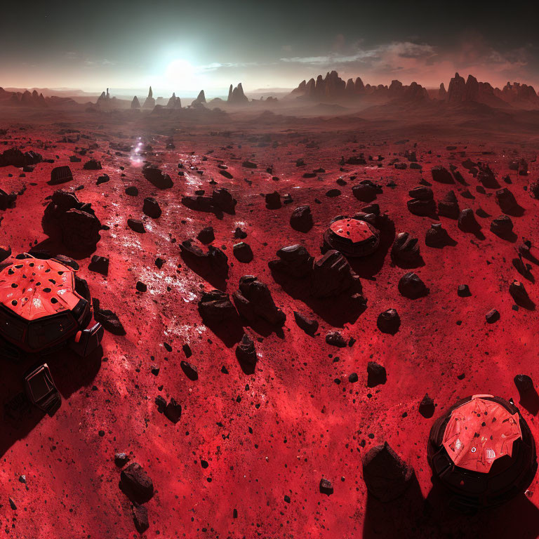 Barren Martian landscape with red soil and domed structures