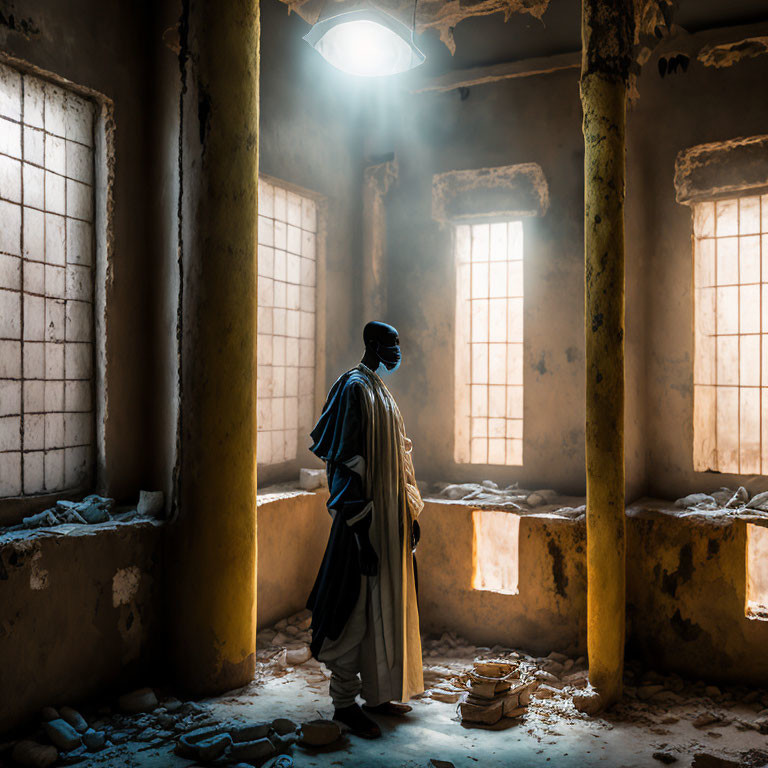 Person in Traditional Clothing in Dusty Room with Barred Windows