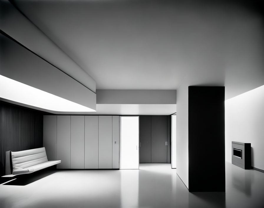 Sleek Monochrome Modern Interior with Minimalist Furniture & Strip Lighting