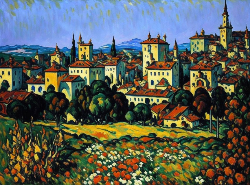 Vibrant expressionist painting of European village and rolling hills