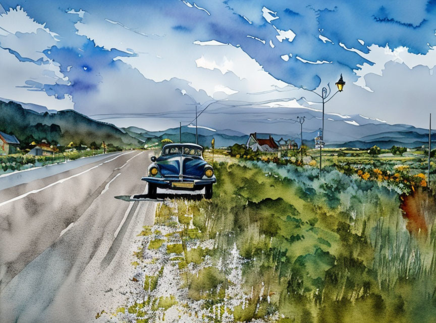 Classic Car Watercolor Painting: Country Road & Stormy Skies