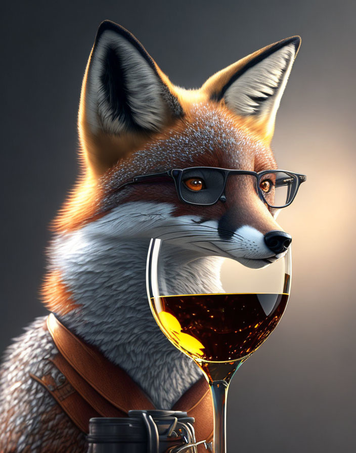 Anthropomorphic fox with glasses holding wine glass in leather jacket on grey background