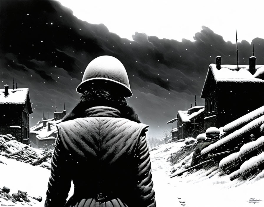 Person in winter jacket and helmet in snowy landscape with houses and smokestacks