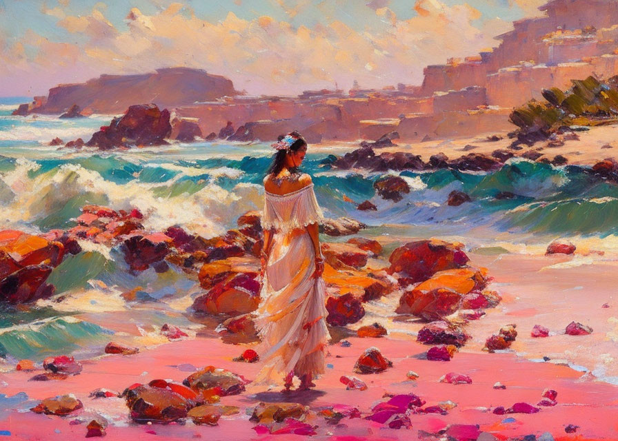 Woman in flowing dress on rocky beach, vibrant colors, cliffs and waves in background