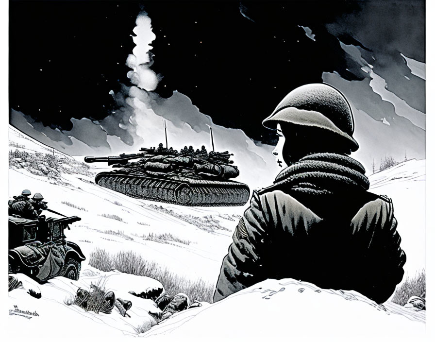 Soldier in helmet views snowy landscape with tank and smoking military vehicle.