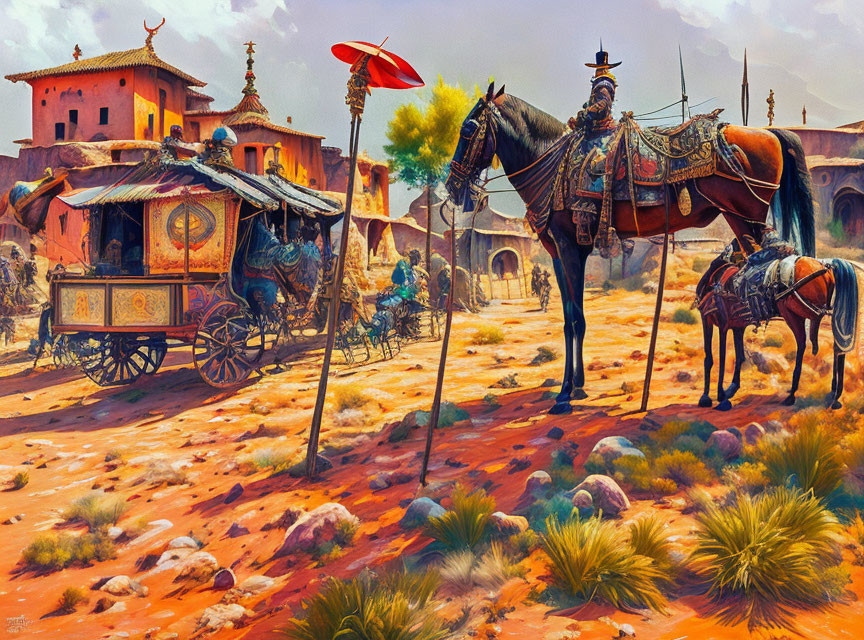 Colorful Eastern marketplace scene with horse-drawn carriages and merchants under clear sky