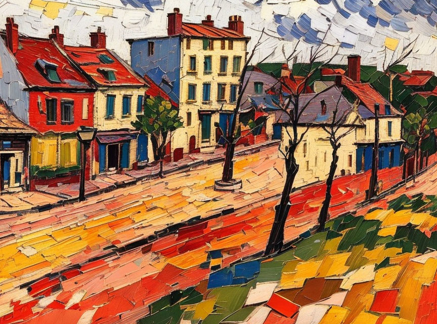 Vibrant, textured painting of a quaint street scene with expressive brushstrokes