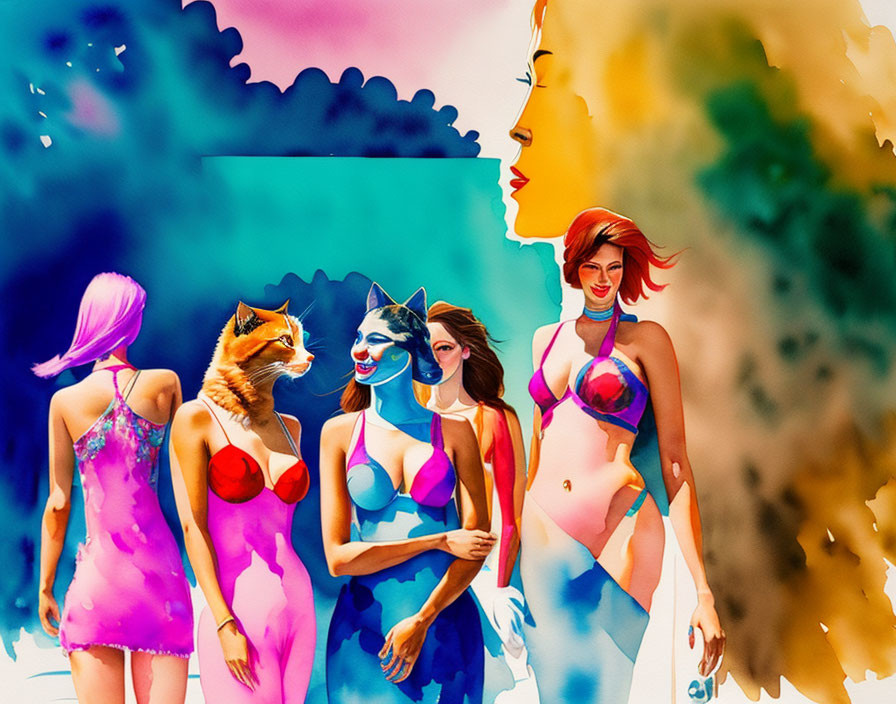 Colorful Swimsuit-Clad Female Figures with Animal Face Paint on Vibrant Background