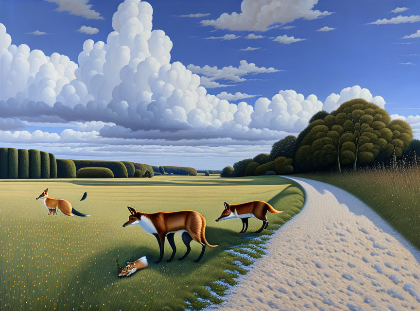 Surreal landscape with three foxes in lush green fields