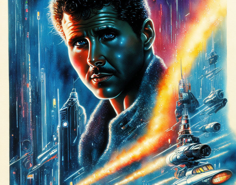 Vibrant movie poster: man's face, futuristic city, spaceships in blue and red.