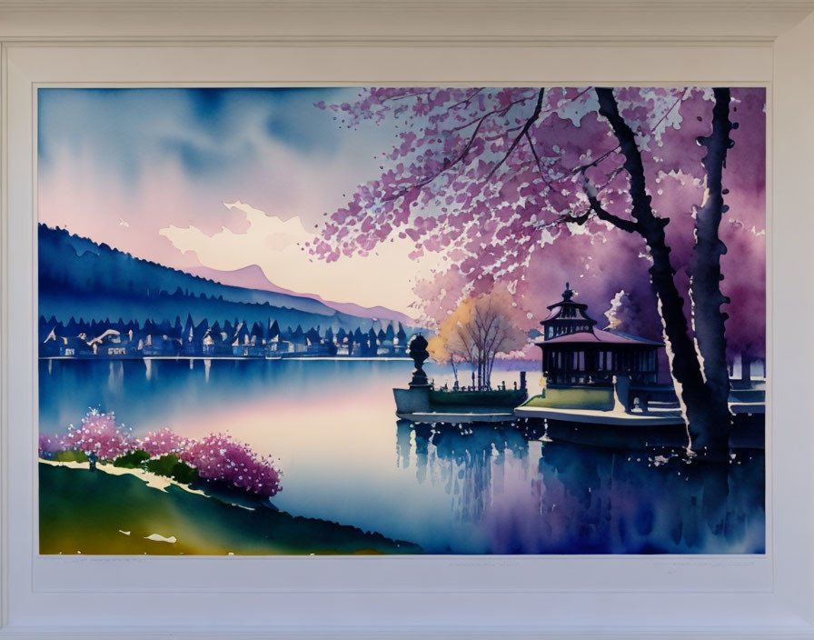 Serene lakeside twilight painting with cherry blossoms and gazebo