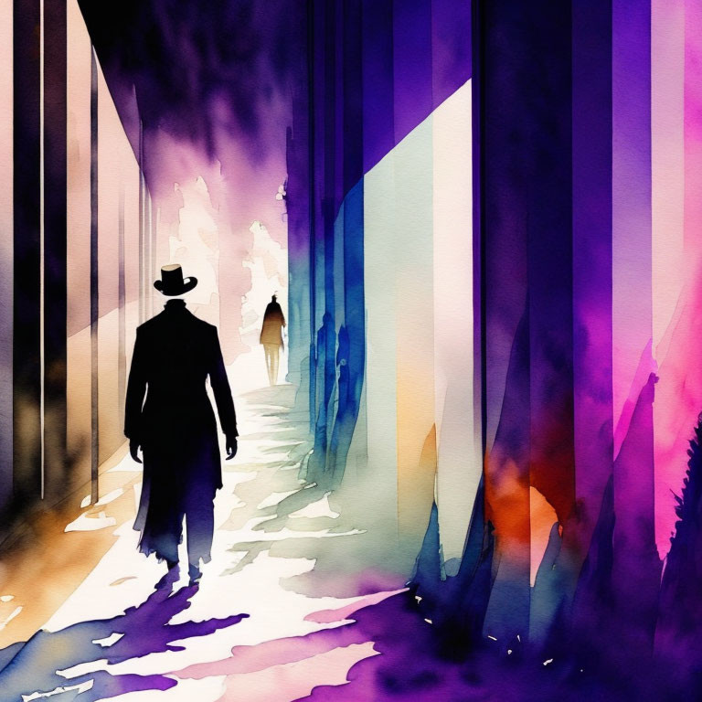 Person in Hat Silhouette Walking Down Colorful Watercolor Alleyway