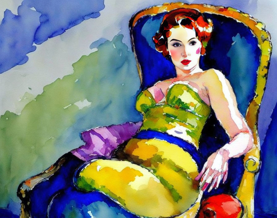 Vibrant watercolor painting of woman with red hair in yellow chair