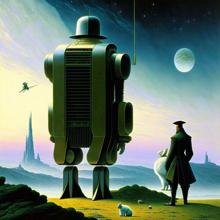 Man in coat with large robot on alien planet, spire, craft, moons, and cat.