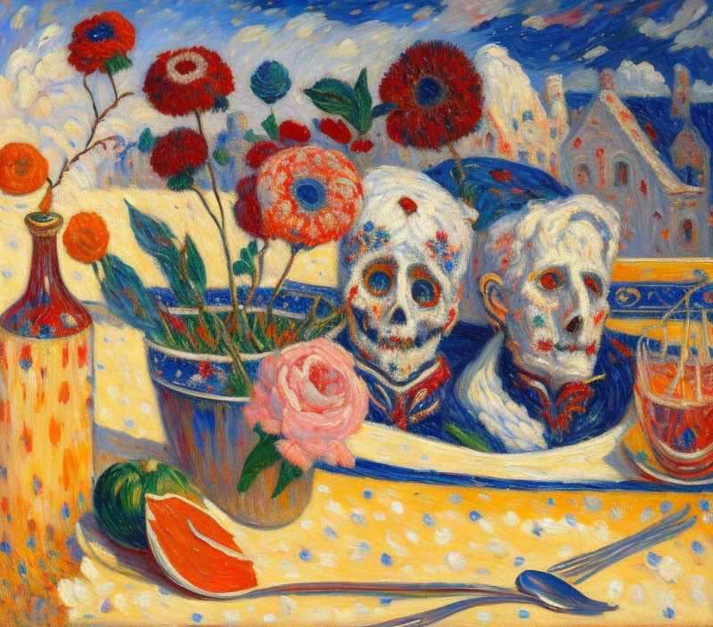 Colorful Painting of Skulls in Blue Suits with Flowers and Abstract Items