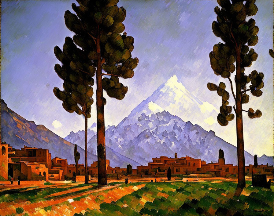 Bold Expressionist Landscape Painting with Trees, Mountains, and Buildings