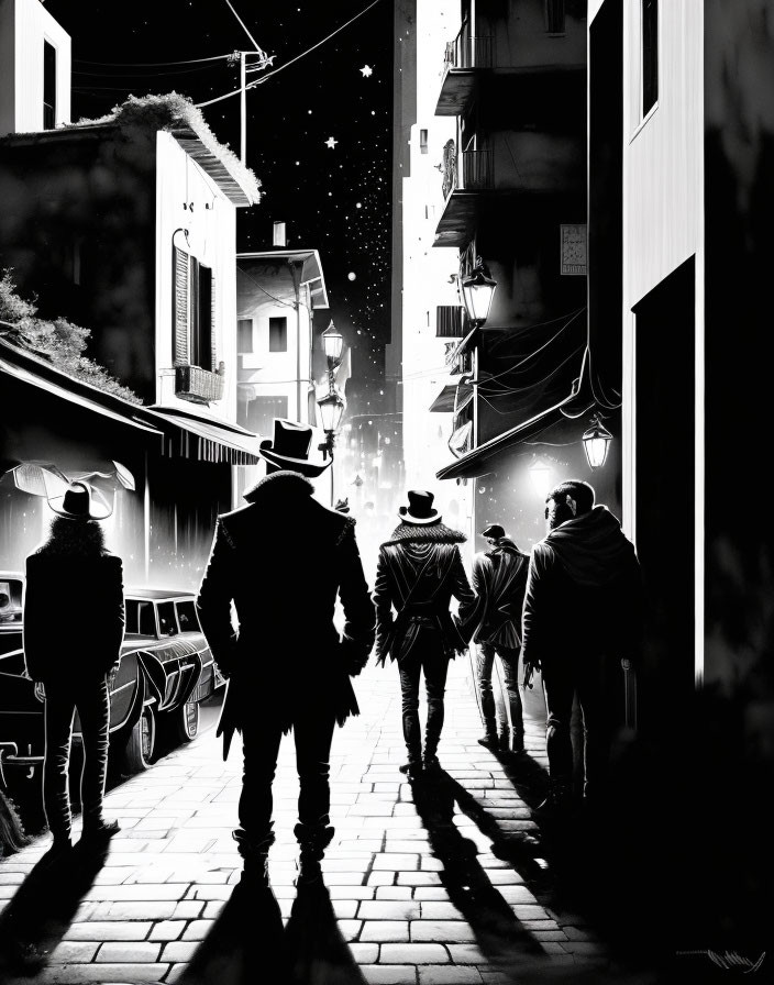 Monochromatic illustration: Four figures in hats walking in urban alley at night