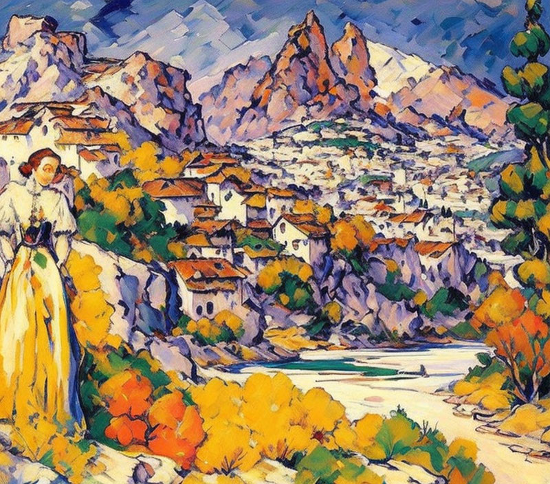 Colorful Impressionist Painting: Village, Mountains, Woman in Period Clothing