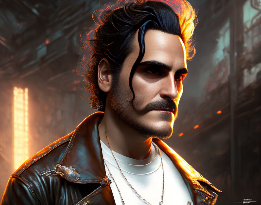 Man with Dark Hair and Mustache in Leather Jacket and White Shirt in Industrial Setting