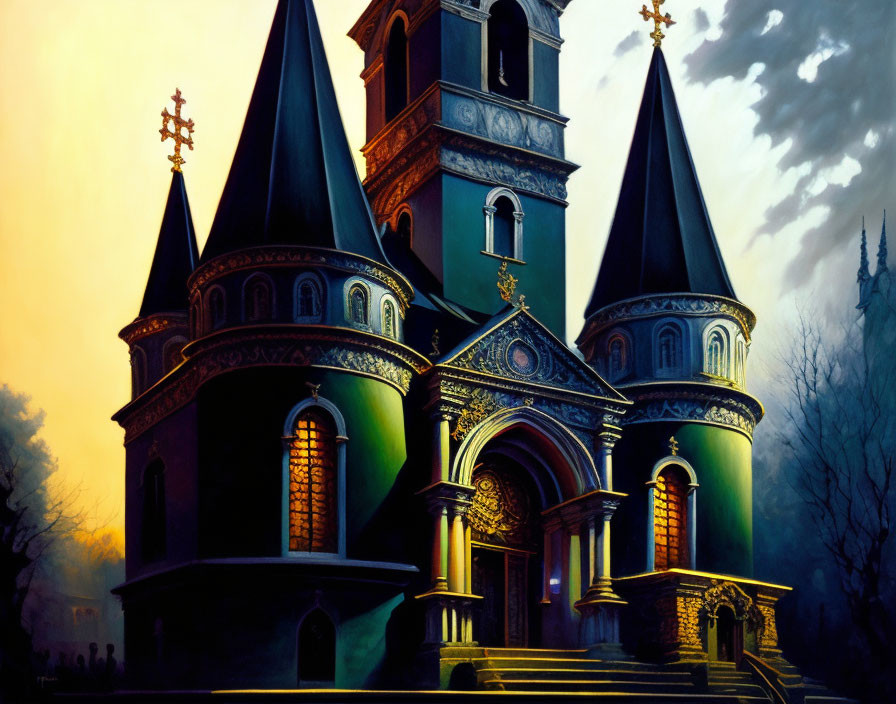 Gothic-style Church Twilight Scene with Illuminated Windows