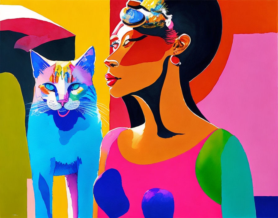 Colorful Painting of Stylized Woman and Cat with Bold Makeup and Jewelry