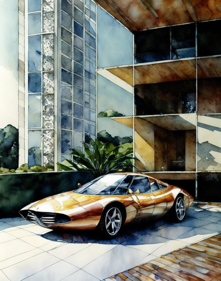 Watercolor painting of vintage sports car in modern courtyard