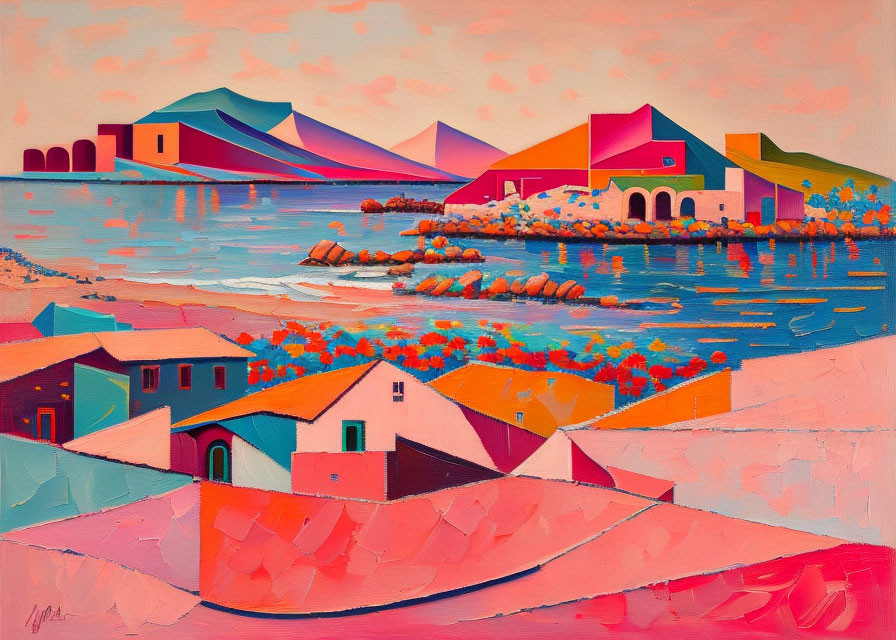 Colorful Coastal Village Painting with Geometric Shapes and Pink Hues