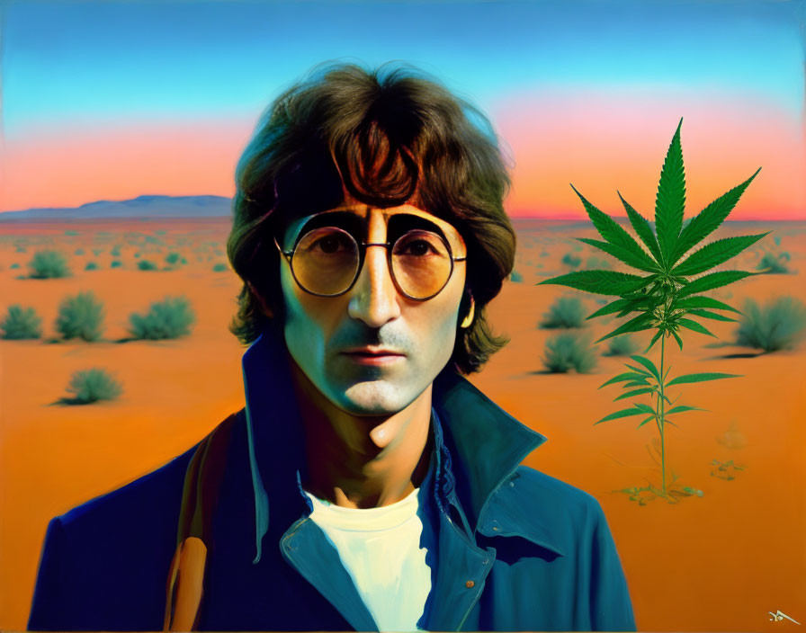 Man with Round Glasses in Desert Landscape with Cannabis Leaf