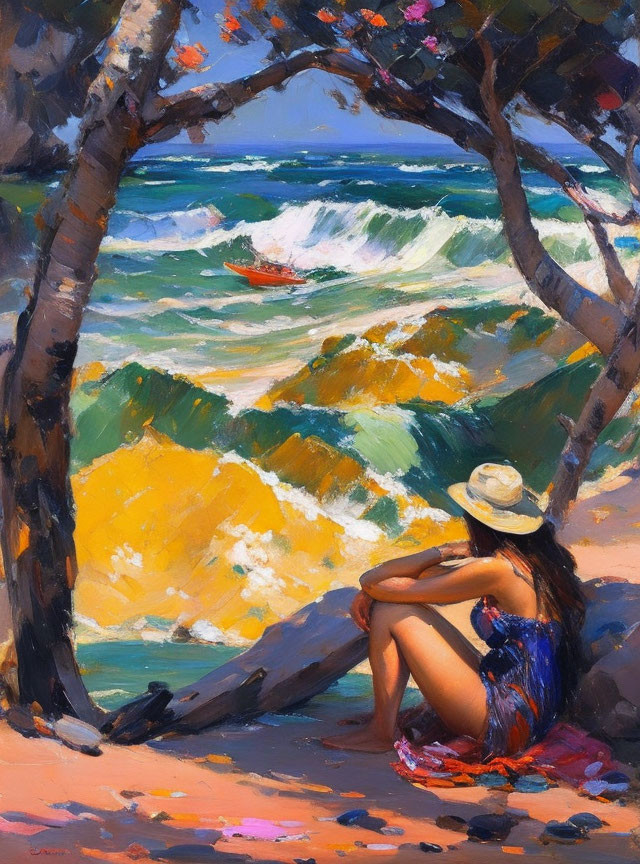 Person sitting under trees gazing at vibrant seascape with waves and boat