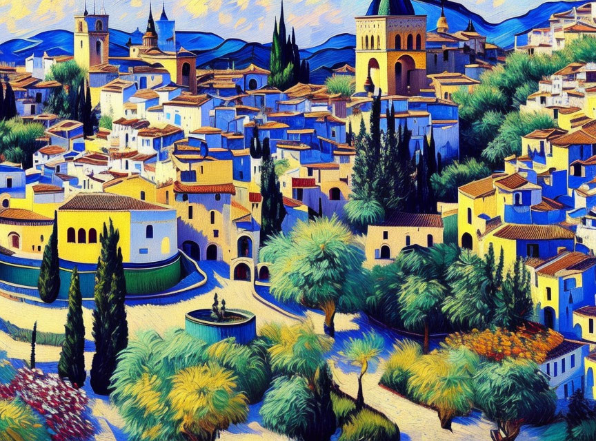 Colorful Hilltop Village Painting with Lush Trees and Fountain