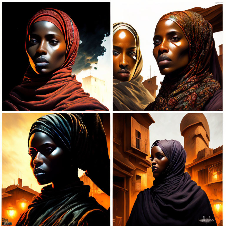 Four portraits of a woman with headscarf against dramatic sky transitions