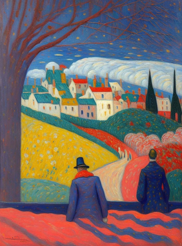 Vibrant post-Impressionist village scene with figures in coats