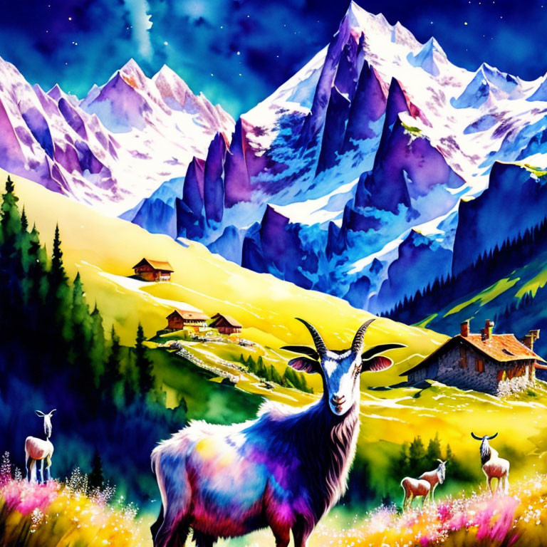 Colorful Mountain Landscape Painting with Goats and Chalets