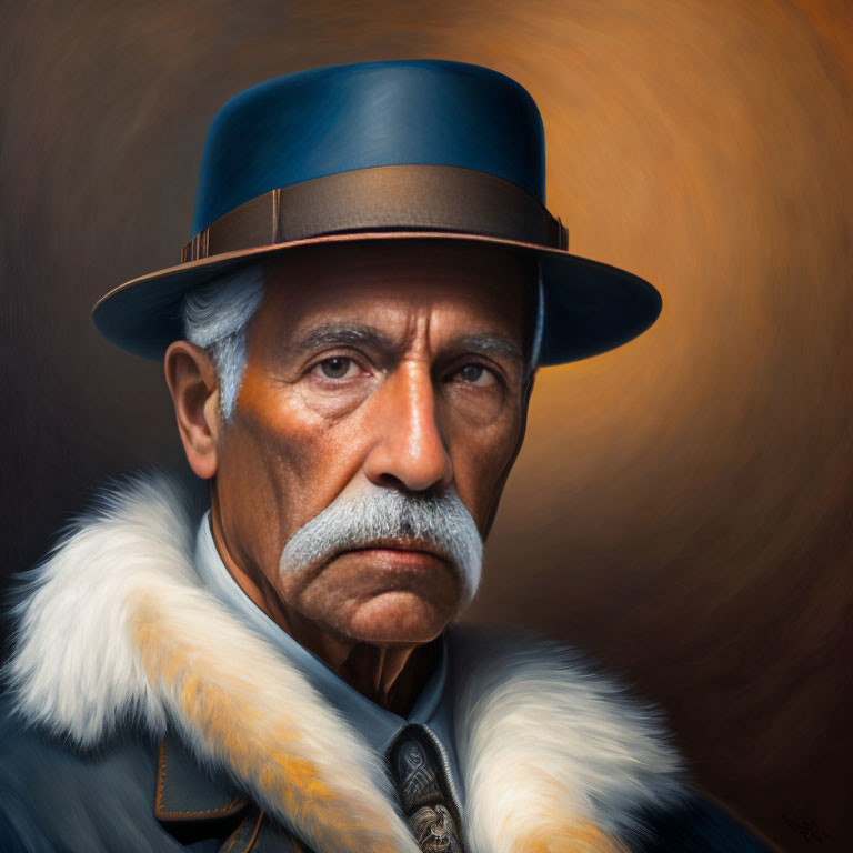 Elderly man in blue hat and fur collar coat against warm background