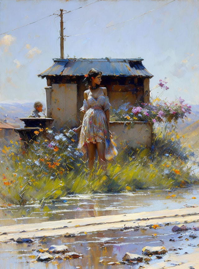 Woman with child near rustic building in serene, floral scene