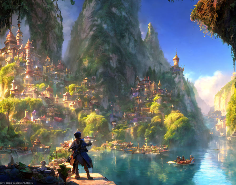 Peaceful fantasy village with layered houses, warrior in forest, boats on river under misty sky