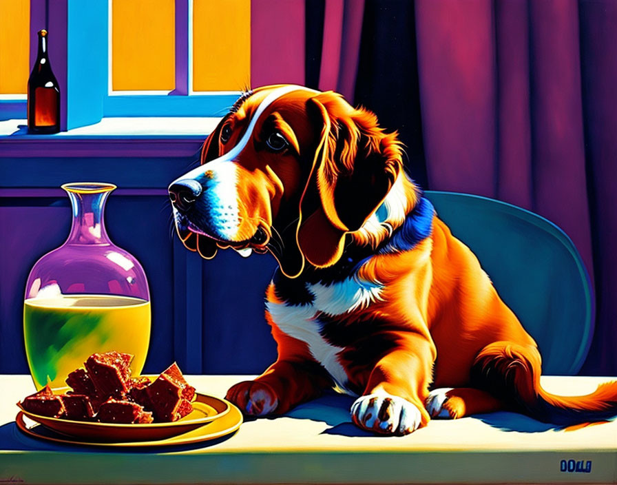 Vibrant dog illustration with brownies and beverages on table