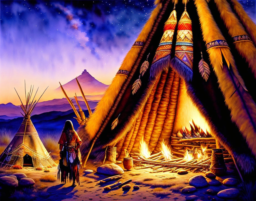 Vibrant painting of Native American teepee camp at night