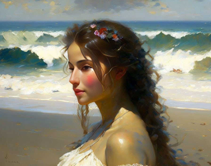 Portrait of a young woman with floral headpiece by the shore