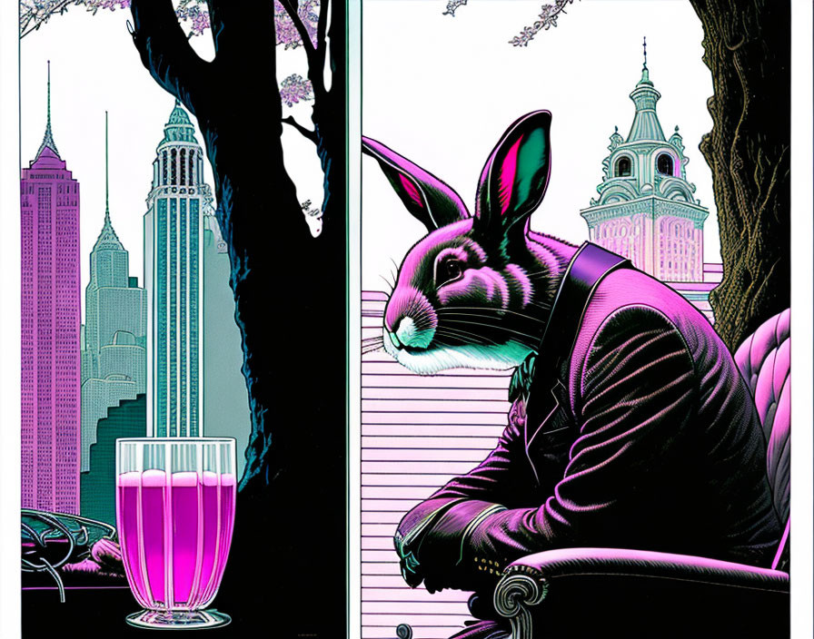 Stylized humanoid rabbit in purple suit at table with pink drink amid cityscape and nature.