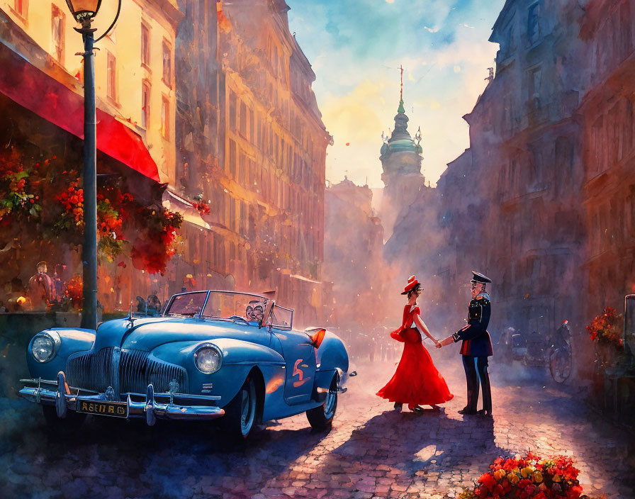 Vintage Blue Car on Sunlit Cobblestone Street with Man in Uniform and Woman in Red Dress among