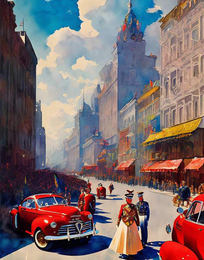 Colorful watercolor street scene: classic cars, historical attire pedestrians, European-style buildings.