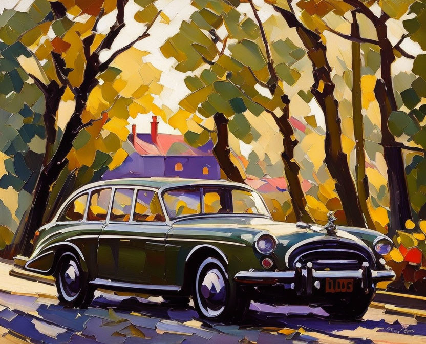 Vibrant painting of classic car on autumn street